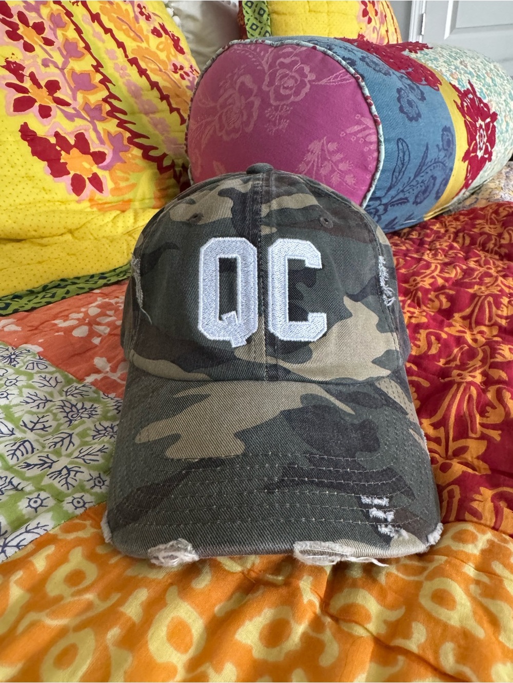 Distressed Camo Baseball Cap, QC (Queen City, Charlotte, NC)